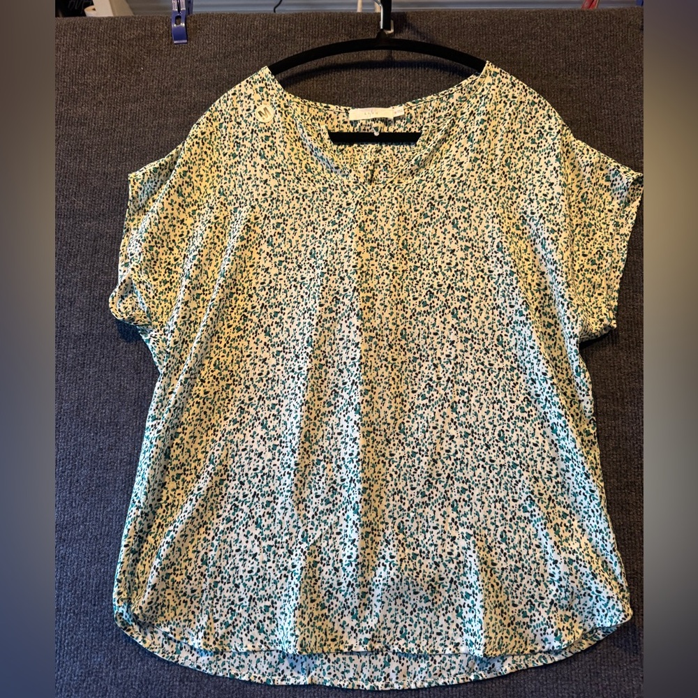 Lush‎ Cream blouse with teal and black pattern